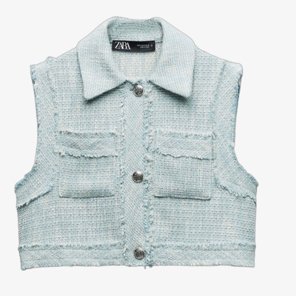Zara frayed cropped textured vest, light blue, small, NWT